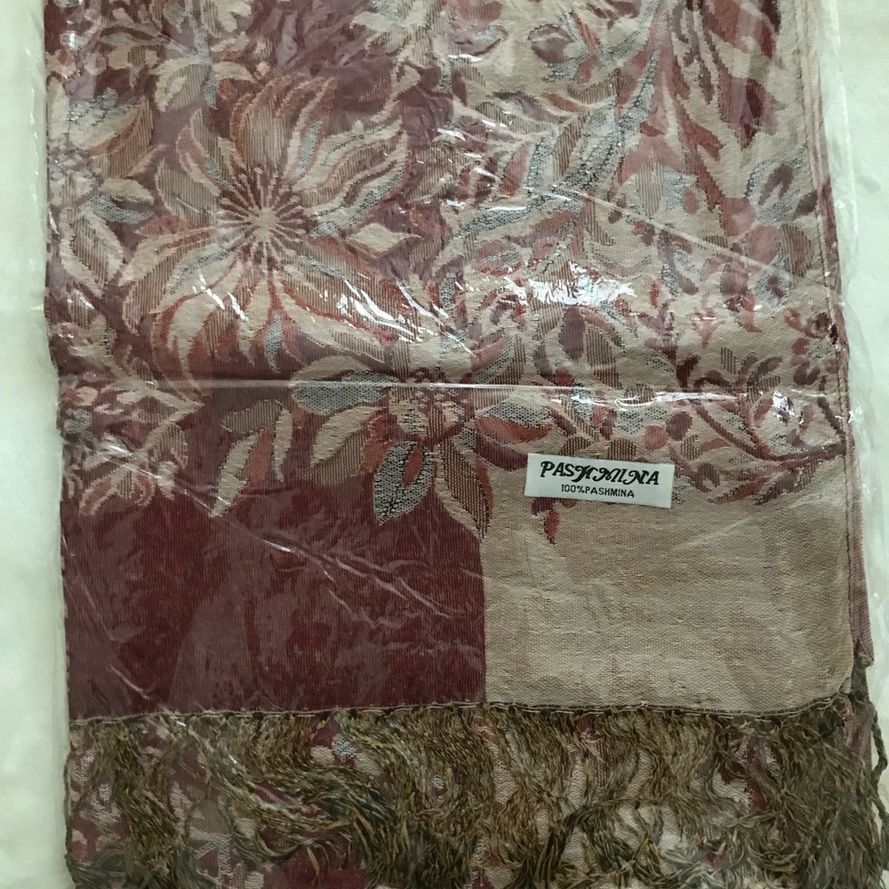 Red Soft Scarf with Fringe and Floral Pattern